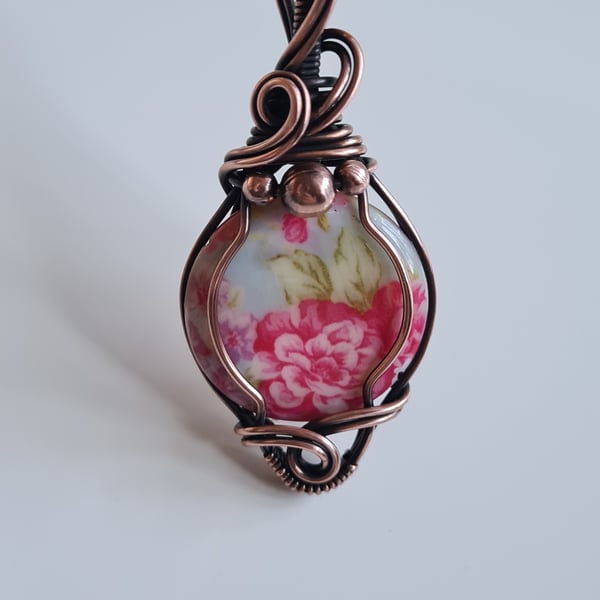 Handmade Pink Floral Flower Wrapped Bead & Copper Pendant Gift Boxed Jewellery