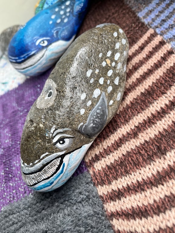 Grey whale fossils hand painted paperweight stone 