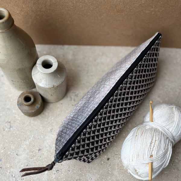 Grey geometric large pencil case zip pouch craft project bag