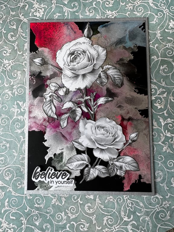 Handmade Monochrome Rose Greeting Card – "Believe in Yourself" 