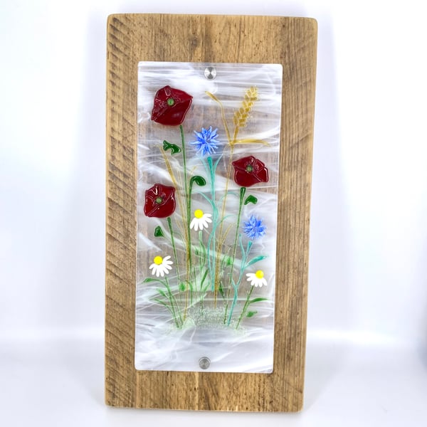 Wild Flowers Fused Glass Mounted on Reclaimed Wood