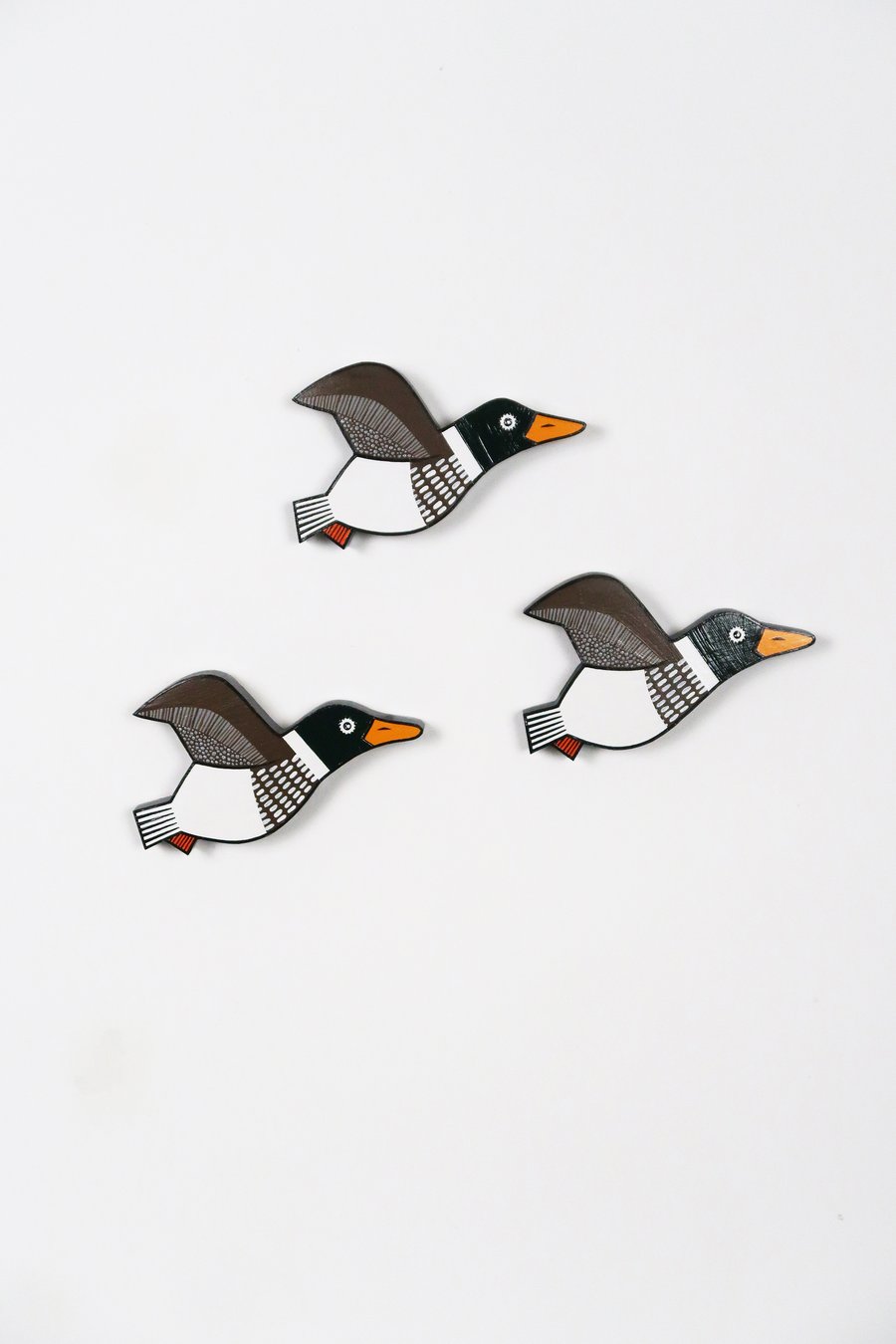 Duck wall decor, set of 3 miniature flying mallard ducks, wooden hand painted.