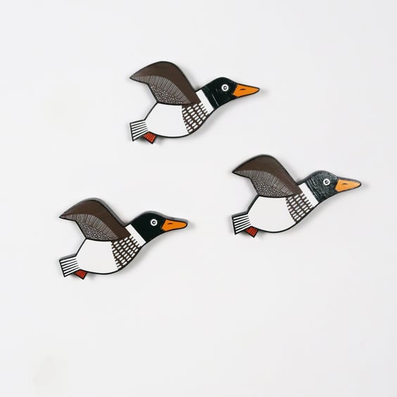 Duck wall decor, set of 3 miniature flying mallard ducks, wooden hand painted.