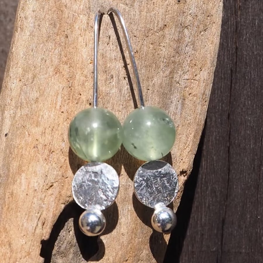 Image of Earrings, Prehnite and hammered silver disc drop earrings, recycled silver, ARC