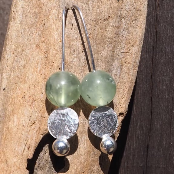 Earrings, Prehnite and hammered silver disc drop earrings, recycled silver, ARC