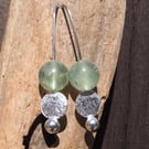 Earrings, Prehnite and hammered silver disc drop earrings, recycled silver, ARC