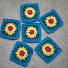 Coasters, Set of 6 crocheted in cotton with a sunflower motif