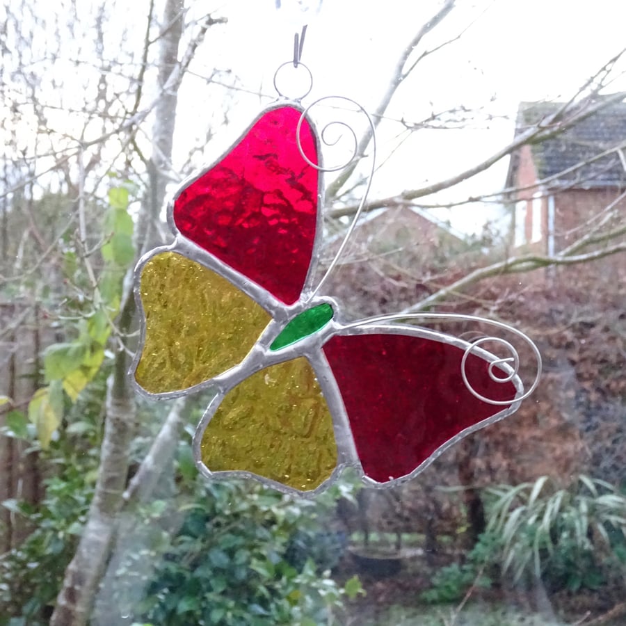 Stained Glass Butterfly Suncatcher - Handmade Decoration - Red and amber