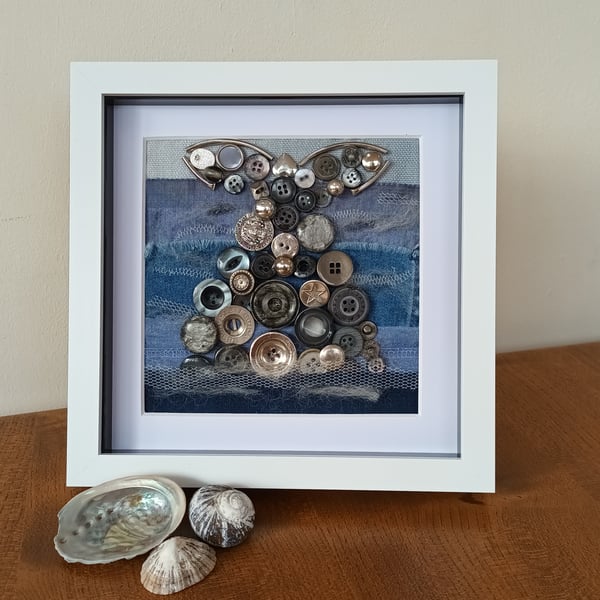  Whale diving in the sea wall art 3D made with repurposed buttons  8" x 8"