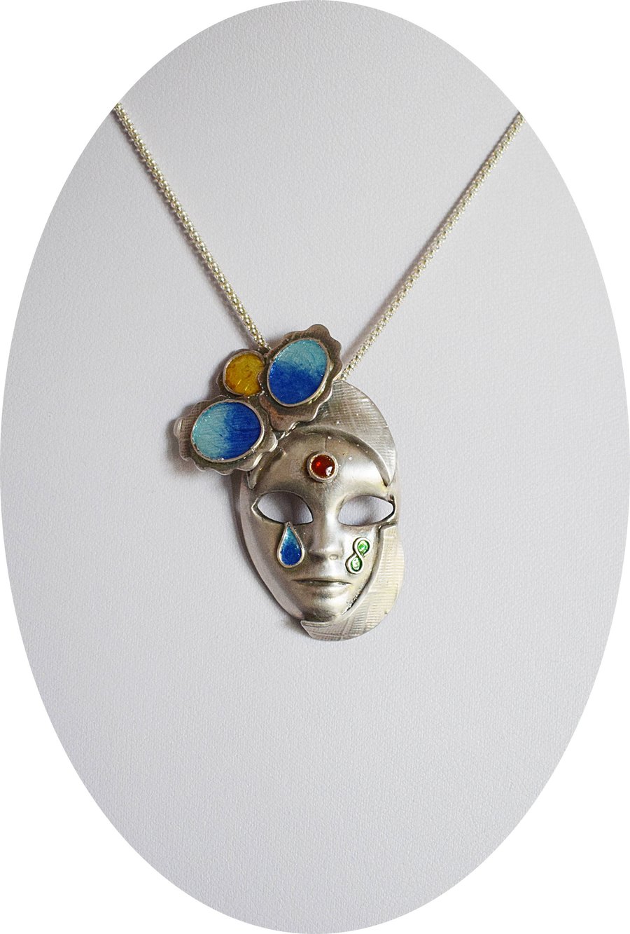 A Fine Silver Venetian Mask with Enamelled Face Detail Pendant Necklace