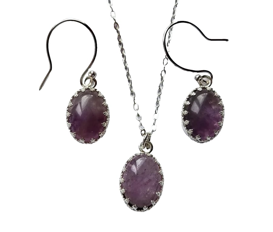 Sterling Silver & Amethyst Necklace Earrings Jewellery Gift Set Oval Gemstones