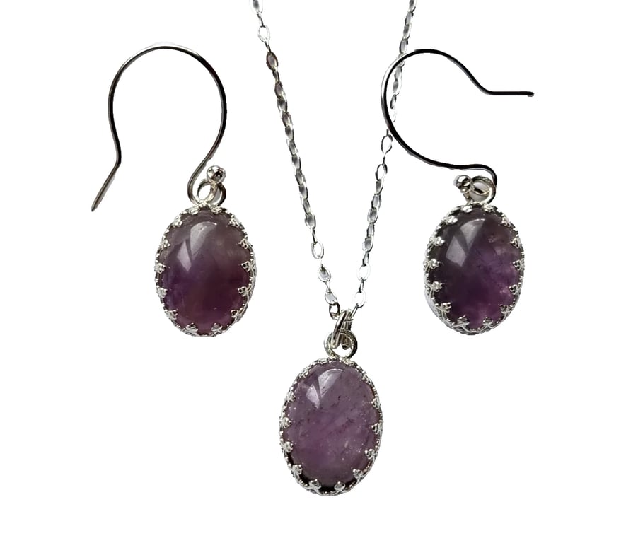 Sterling Silver & Amethyst Necklace Earrings Jewellery Gift Set Oval Gemstones