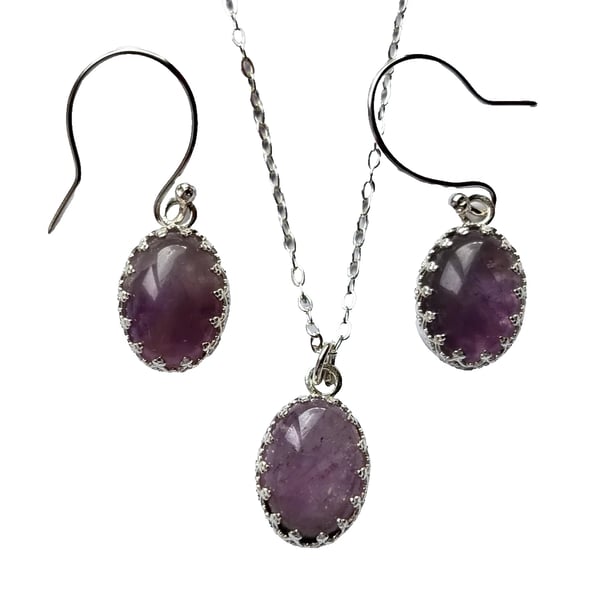 Sterling Silver & Amethyst Necklace Earrings Jewellery Gift Set Oval Gemstones