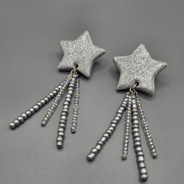 Silver glitter Polymer clay large shooting star earrings