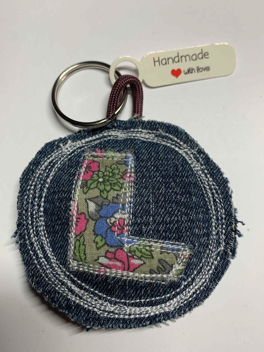 Upcycled denim key ring. Boho L