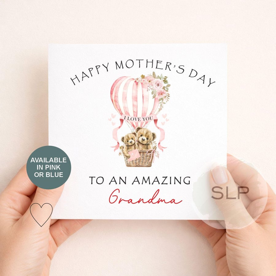 Personalised Mother's Day Card for Nanny or Grandma Cute Bear Hot Air Balloon