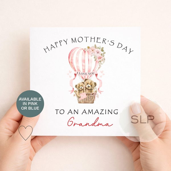 Personalised Mother's Day Card for Nanny or Grandma Cute Bear Hot Air Balloon