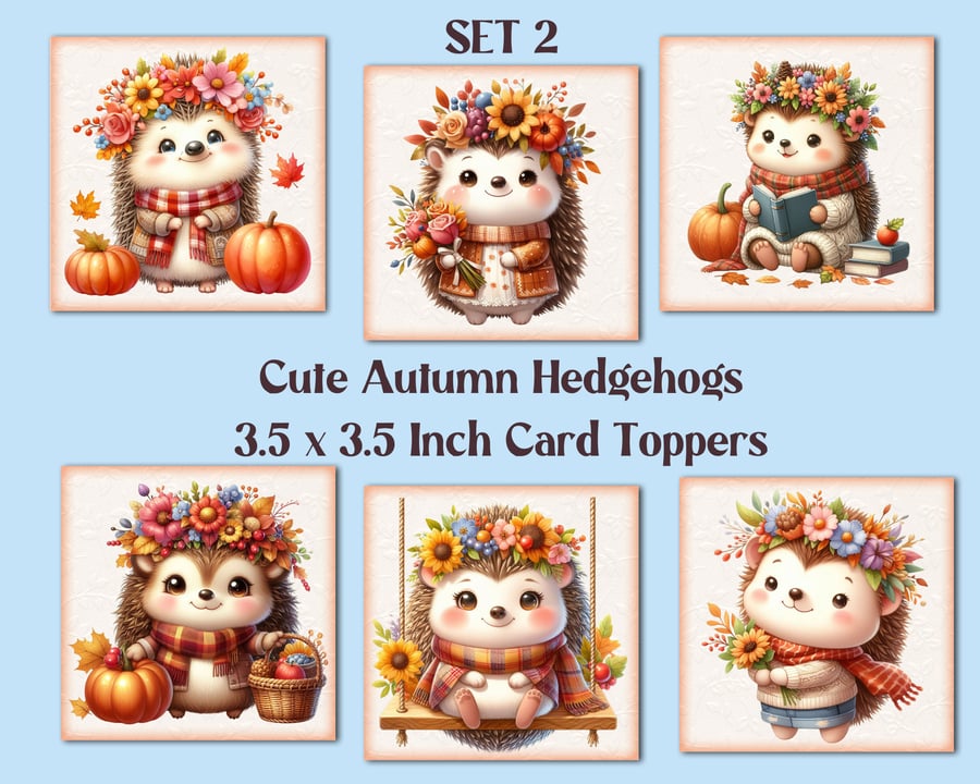 Autumn Hedgehogs Square Card Toppers for Card Making, Journals, Tags, Scrapbooks