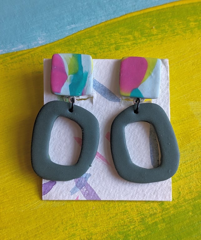 Clip on dangle earrings, Statement earrings in khaki green and rainbow 
