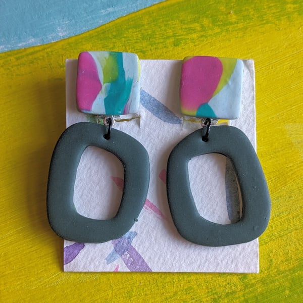 Clip on dangle earrings, Statement earrings in khaki green and rainbow 