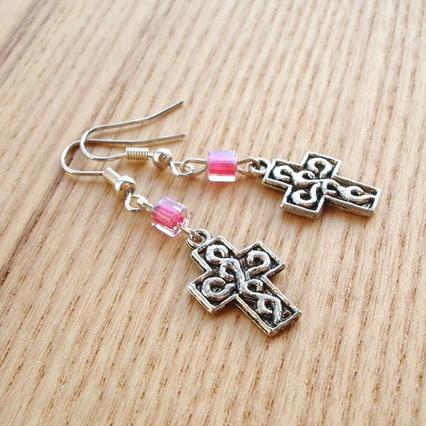 Cross Charm Earrings with Pink Glass Beads