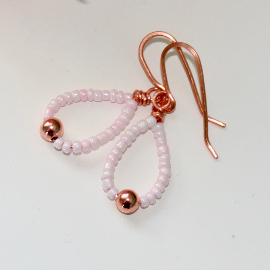 Pink seed bead and copper earrings