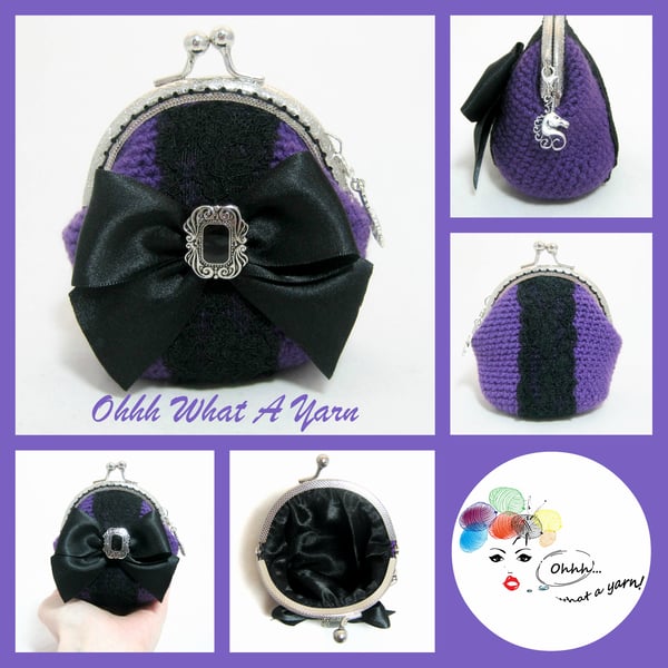 Purple and black bow and lace coin purse with kiss clasp