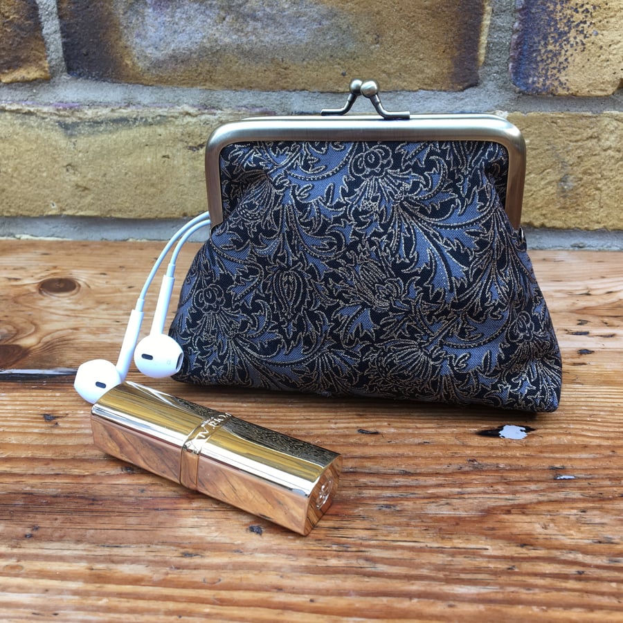 Coin Purse, Black & gold fabric kiss clasp purse, Handbag tidy, Frame purse