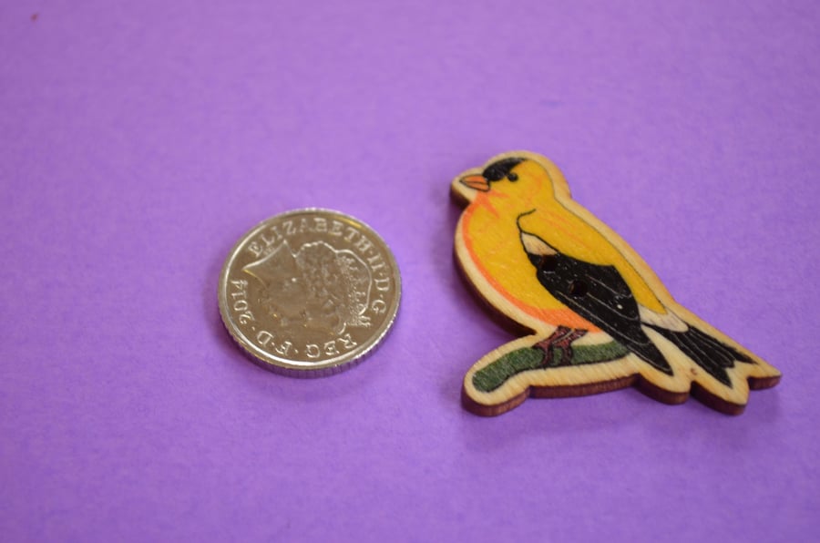 Wooden Bird Shaped Buttons 38x30mm American Goldfinch (BD21)