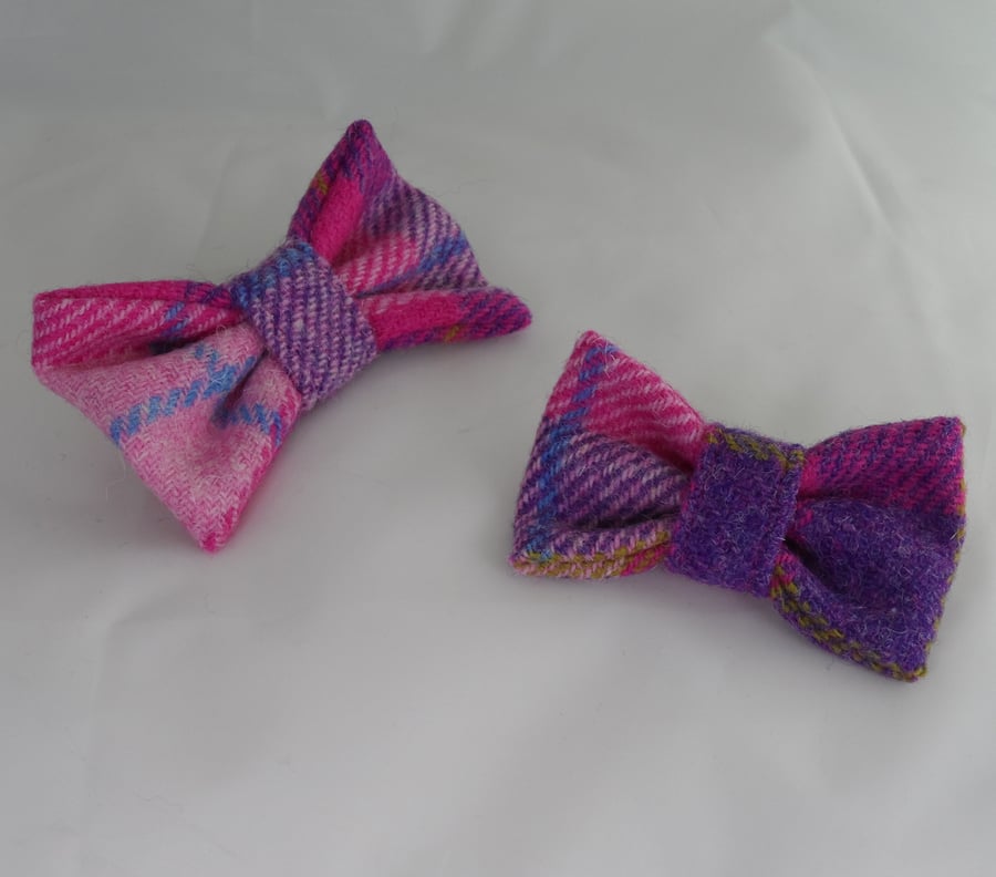 Handmade Harris Tweed Dog Bow - Pink-Purple Tartan