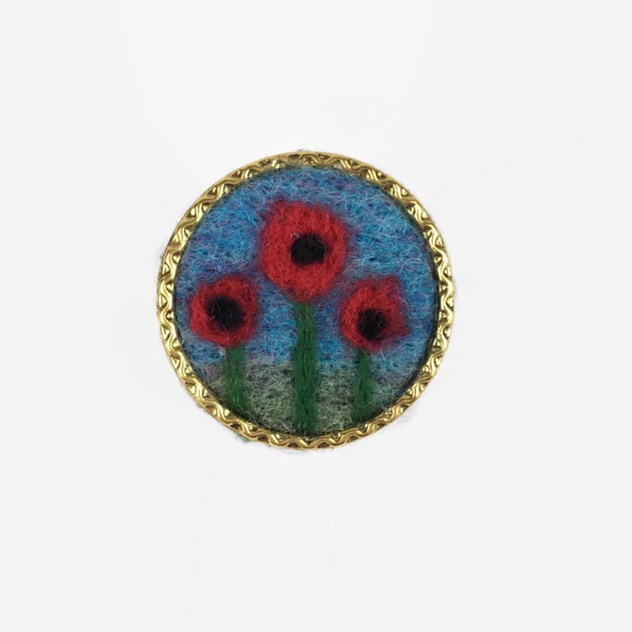 Brooch, badge or lapel pin, needle felted poppies