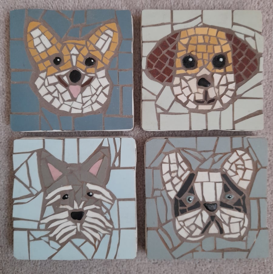 Set of 4 beautiful mosaic dog portrait coasters