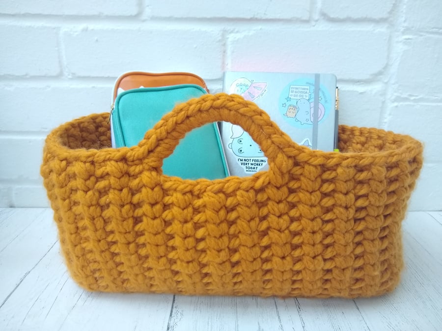 Mustard Yellow Crocheted Basket, storage basket