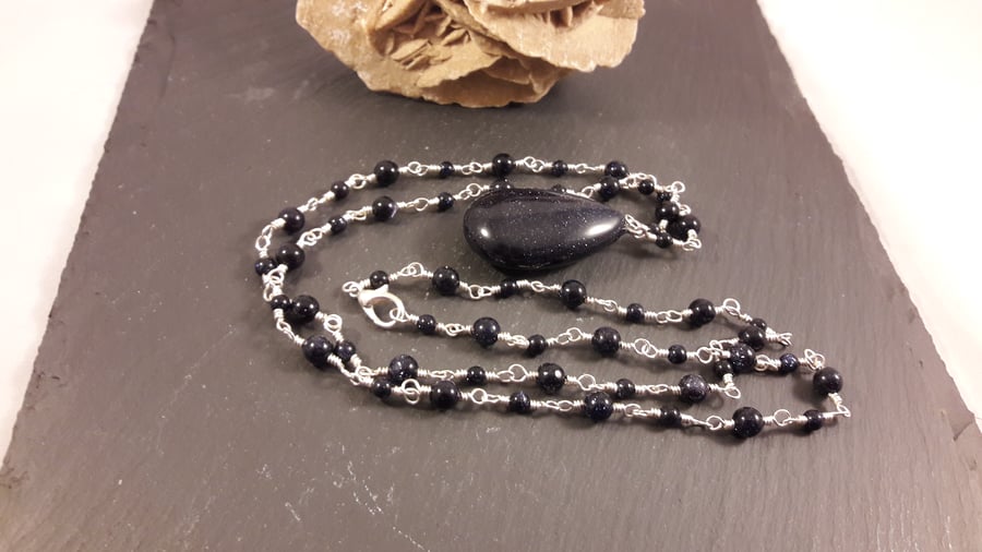 Blue Goldstone Extra Long Rosary Link Necklace