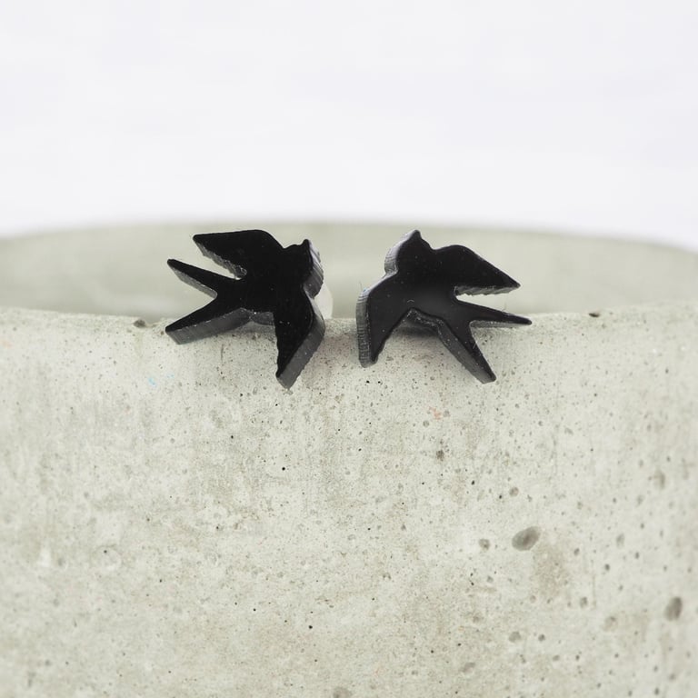Titanium posts - Mini Black swallow bird stud earrings - Delicate hypoallergenic