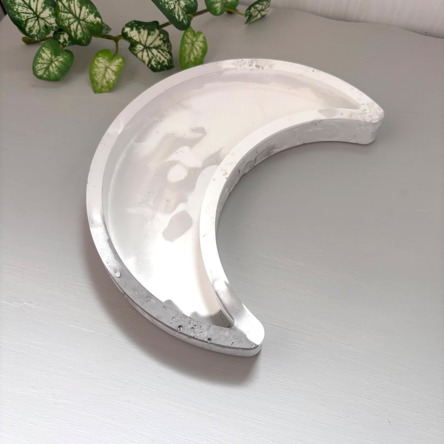 Image of Crescent Moon Trinket Tray with Silver Mica and Glass Chips -  Celestial  Dish