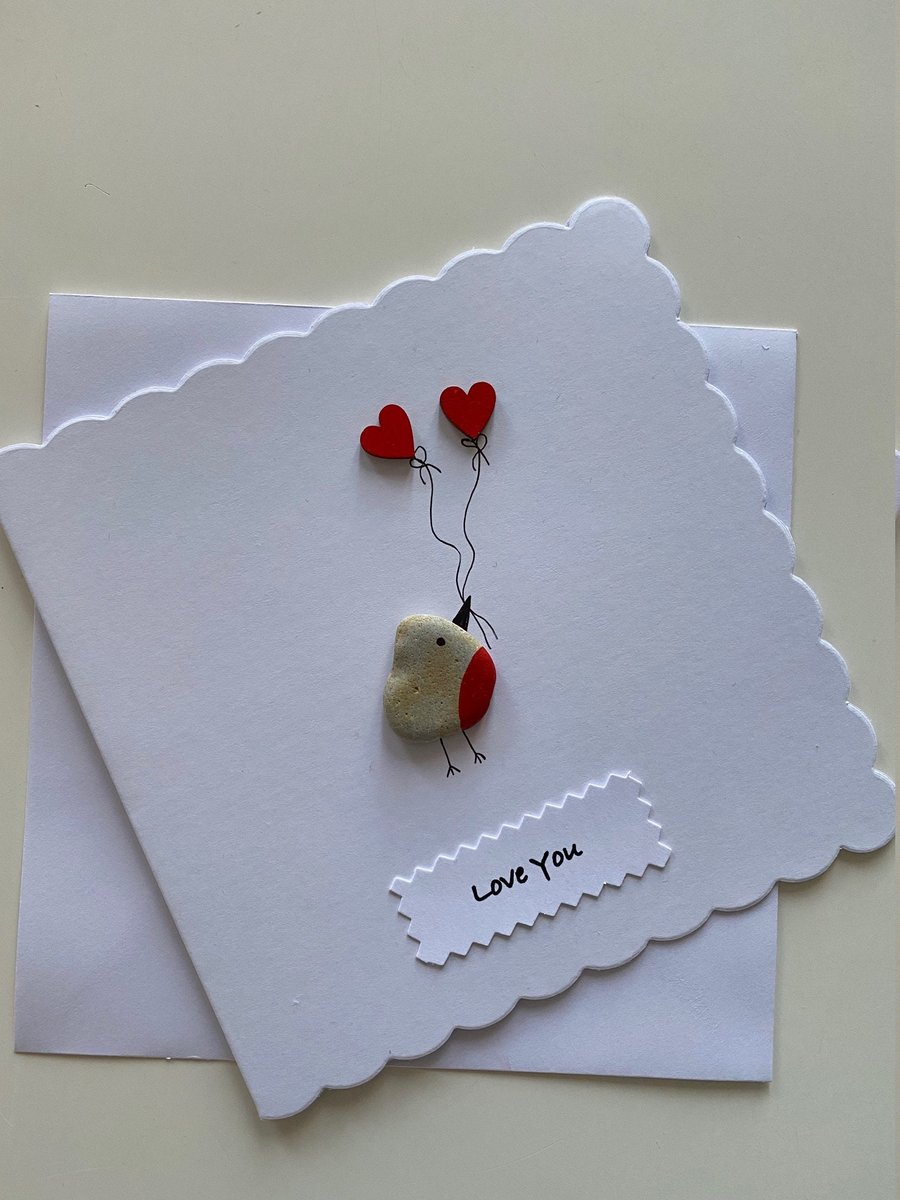 Valentine's Day Handmade Card, Pebble Artwork Love Card, Love Birds Handmade Car