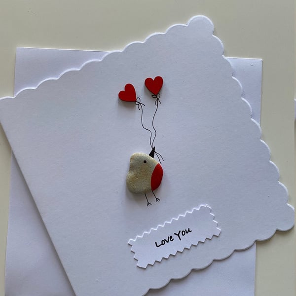 Valentine's Day Handmade Card, Pebble Artwork Love Card, Love Birds Handmade Car