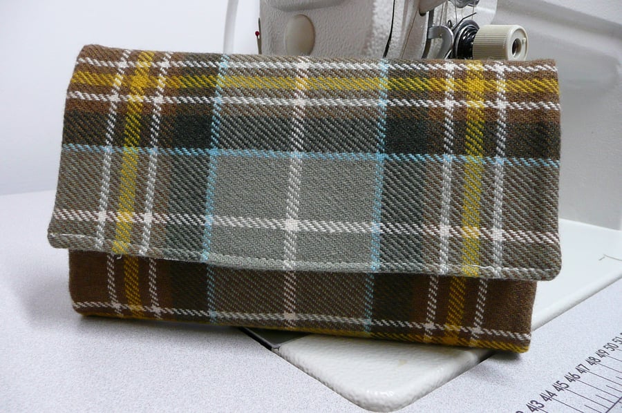 Green and yellow wool tartan wallet, bi fold purse, ladies purse
