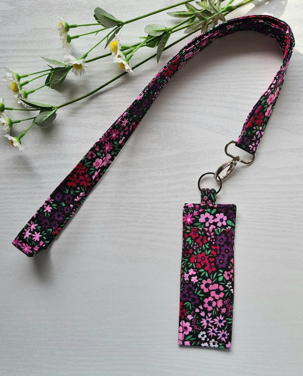 Handmade Lanyard & Pen Holder Set Purple Pink Floral Cotton Bright Teacher Gift