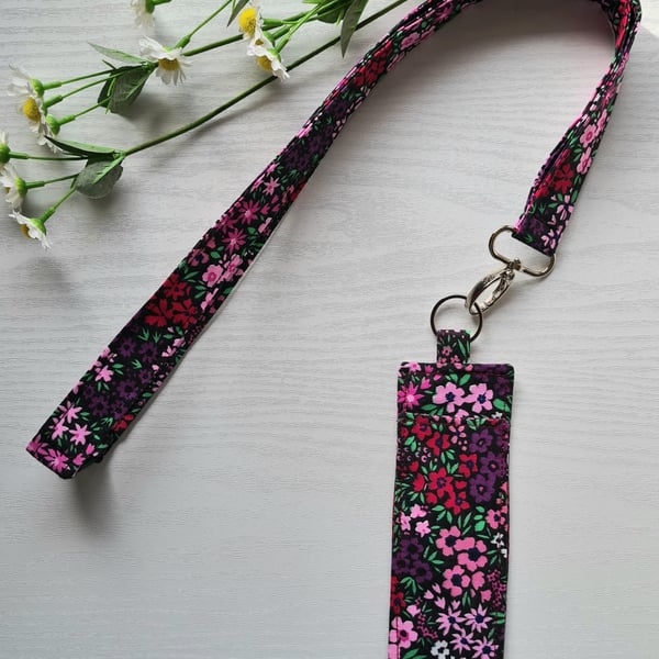 Handmade Lanyard & Pen Holder Set Purple Pink Floral Cotton Bright Teacher Gift