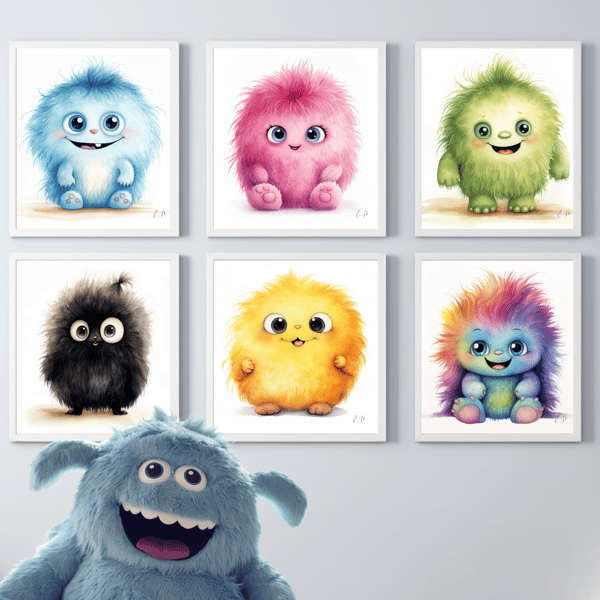 Watercolour Nursery Prints 'Cute Monsters' - Fluffy and Colourful