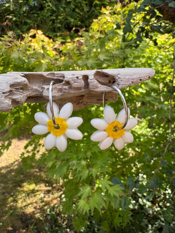 Sterling Silver Endless Hoop Earrings with Handmade Glazed Porcelain Daisies