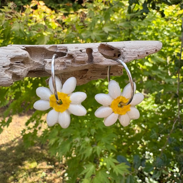 Sterling Silver Endless Hoop Earrings with Handmade Glazed Porcelain Daisies