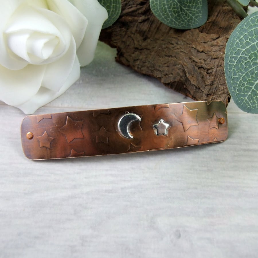Hair Barrette, Copper Hair Clip with Moon and Star