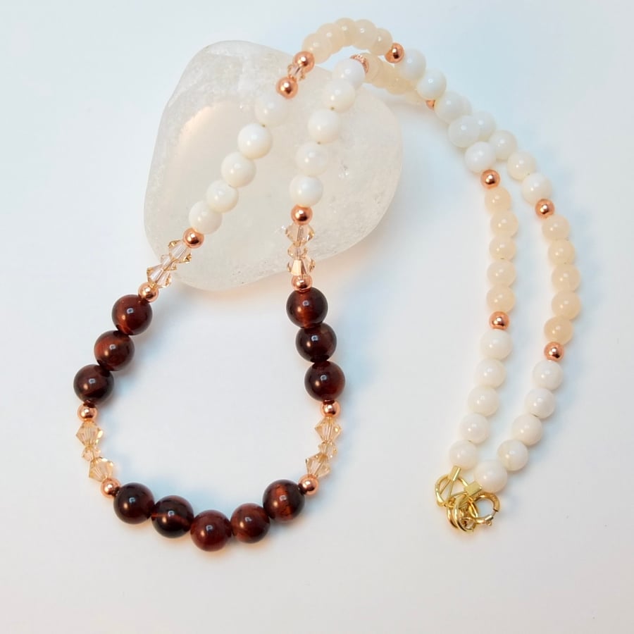 Red Tiger's Eye, Peach Jade, Swarovski Crystal, Copper And Shell Necklace.