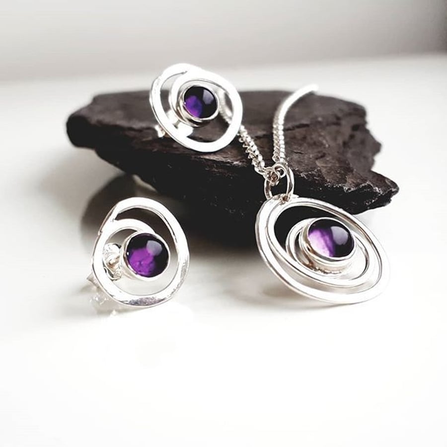 Sterling Silver Swirl Amethyst earrings and pendant, Handmade Urban WEDDING
