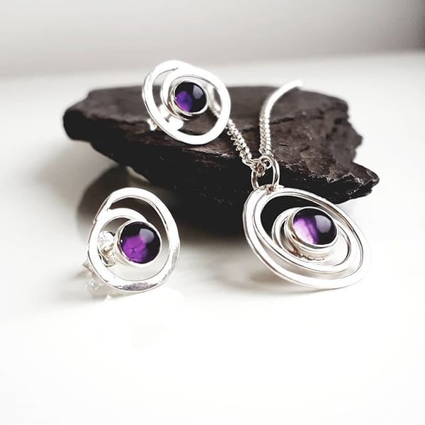 Sterling Silver Swirl Amethyst earrings and pendant, Handmade Urban WEDDING