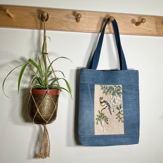 Bird rescued tapestry and reclaimed denim tote bag with liberty cotton lining