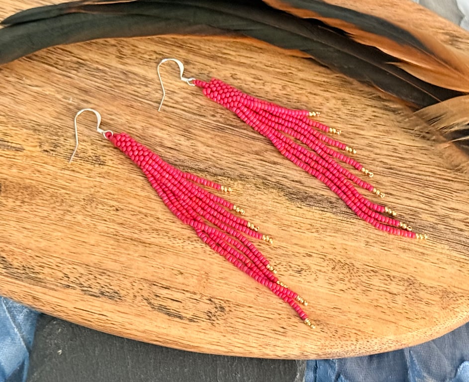 Matt red beadwork tassel fringe earrings